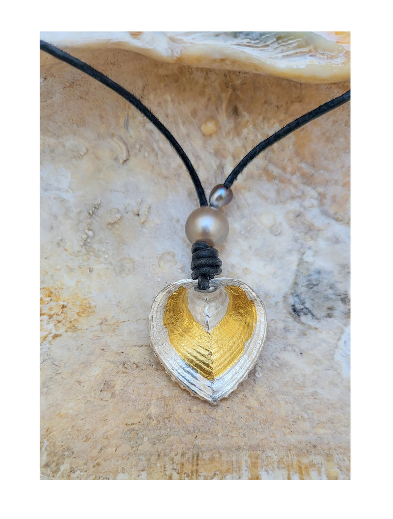 Silver Heart Shell Necklace with 24k Gold Keum Boo, Boho Chic, Tahitian pearls on hand-rolled kangaroo leather, Necklace for mermaids, necklace for ocean lovers, Almakaia by Heike Otten