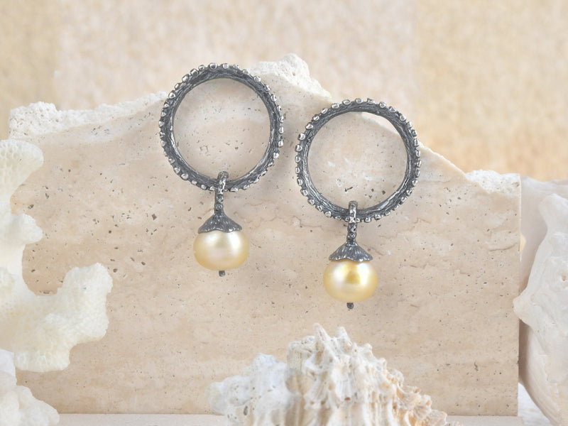 Silver Octopus Hoop Earrings with Golden South Sea Pearl, Almakaia by Heike Otten