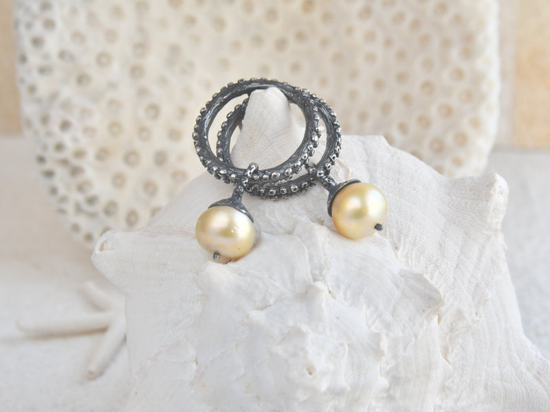 Silver Octopus Hoop Earrings with Golden South Sea Pearl, Almakaia by Heike Otten