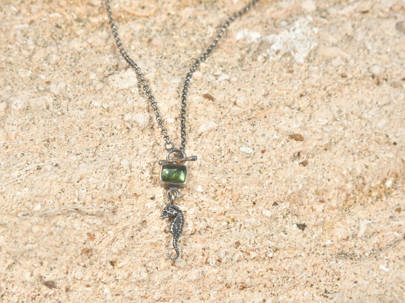 'Marine Splendor' Necklace: Green Tourmaline and Seahorse, Silver with Gold