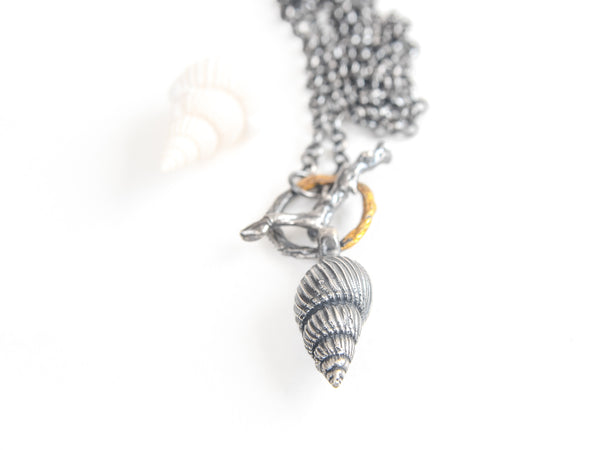 Boho-Chic Silver Necklace with Spiral Seashell Pendant with 24K Gold - Artisanal Keum Boo Sea-Inspired Jewelry