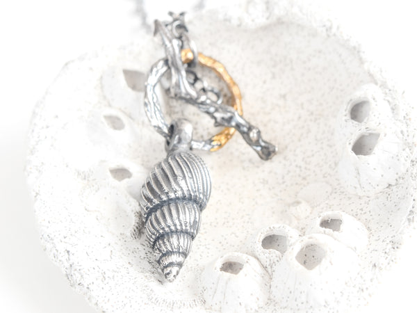 Boho-Chic Silver Necklace with Spiral Seashell Pendant with 24K Gold - Artisanal Keum Boo Sea-Inspired Jewelry