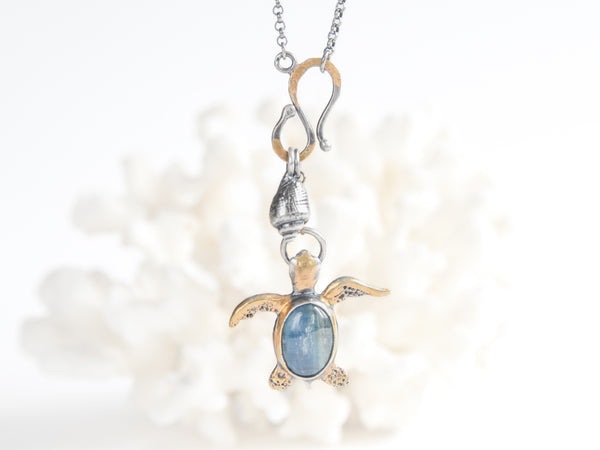 Silver and gold necklace 'Kyanite Guardian': Blue Sea Turtle