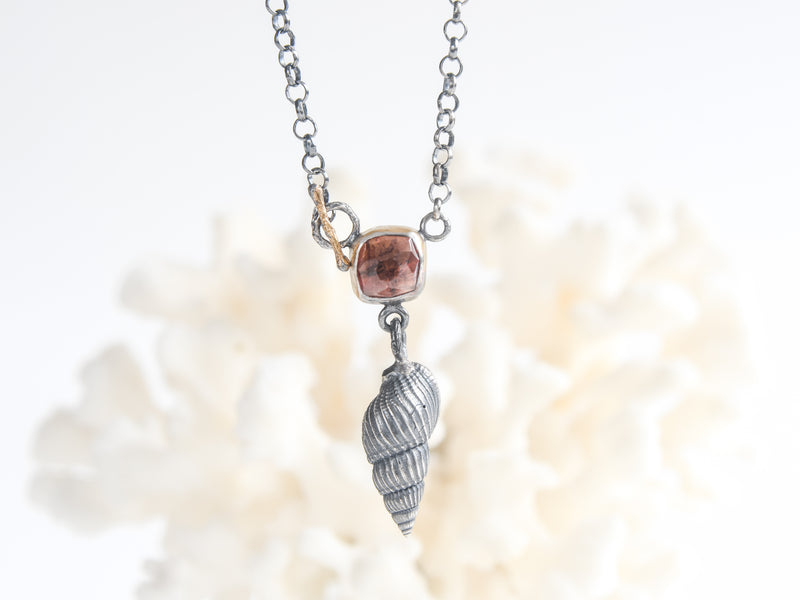 'Sea Snail' Necklace: Delicacy and Red Tourmaline, Silver with Gold