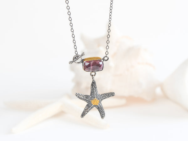 'Eternal Marine Star' silver necklace with Red Tourmaline and a Touch of Gold